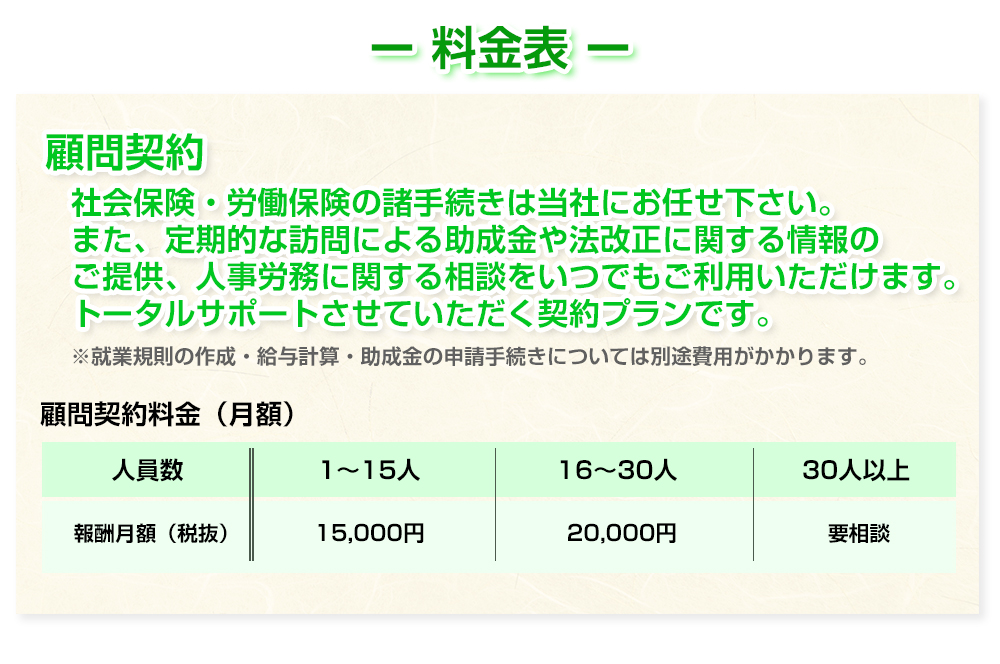 社会保険・労働保険の諸手続きは当社にお任せ下さい。また、定期的な訪問による助成金や法改正に関する情報のご提供、人事労務に関する相談をいつでもご利用いただけます。トータルサポートさせていただく契約プランです。